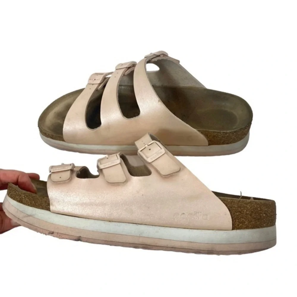 Birkenstock Papillo Metallic Pink Arizona sandals Slip On 3 Strap Leather Slides - Picture 2 of 12